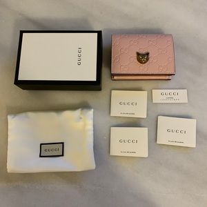 NWT Gucci Guccissima cat card holder wallet pink